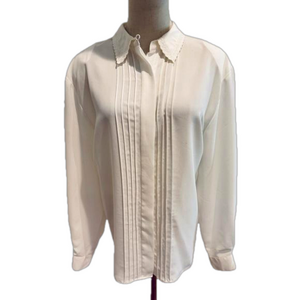 NWOT 90s WHITE COTTAGECORE PLEATED FRONT EMBROIDERED COLLAR BLOUSE ALFRED DUNNER